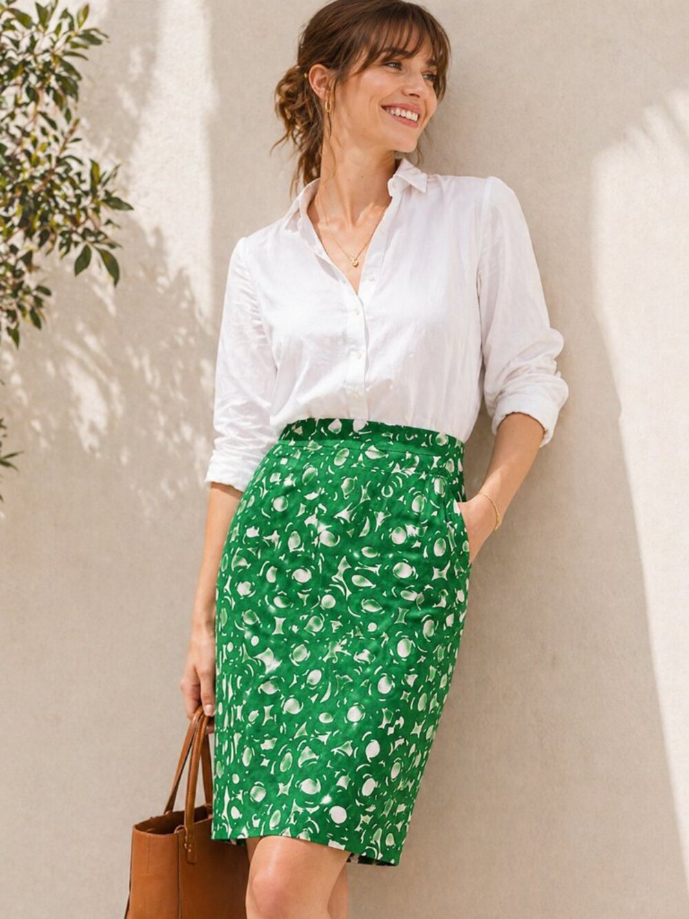 Boden Green Print Pencil Skirt 8R Cotton Linen Lined Pockets Side Zip